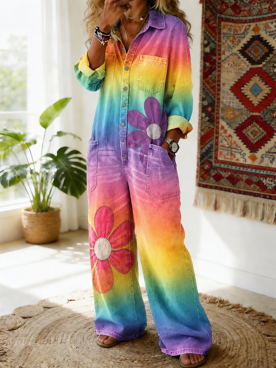 Women's Retro Style Art Print Washed V-Neck Cotton Denim Patchwork Jumpsuit